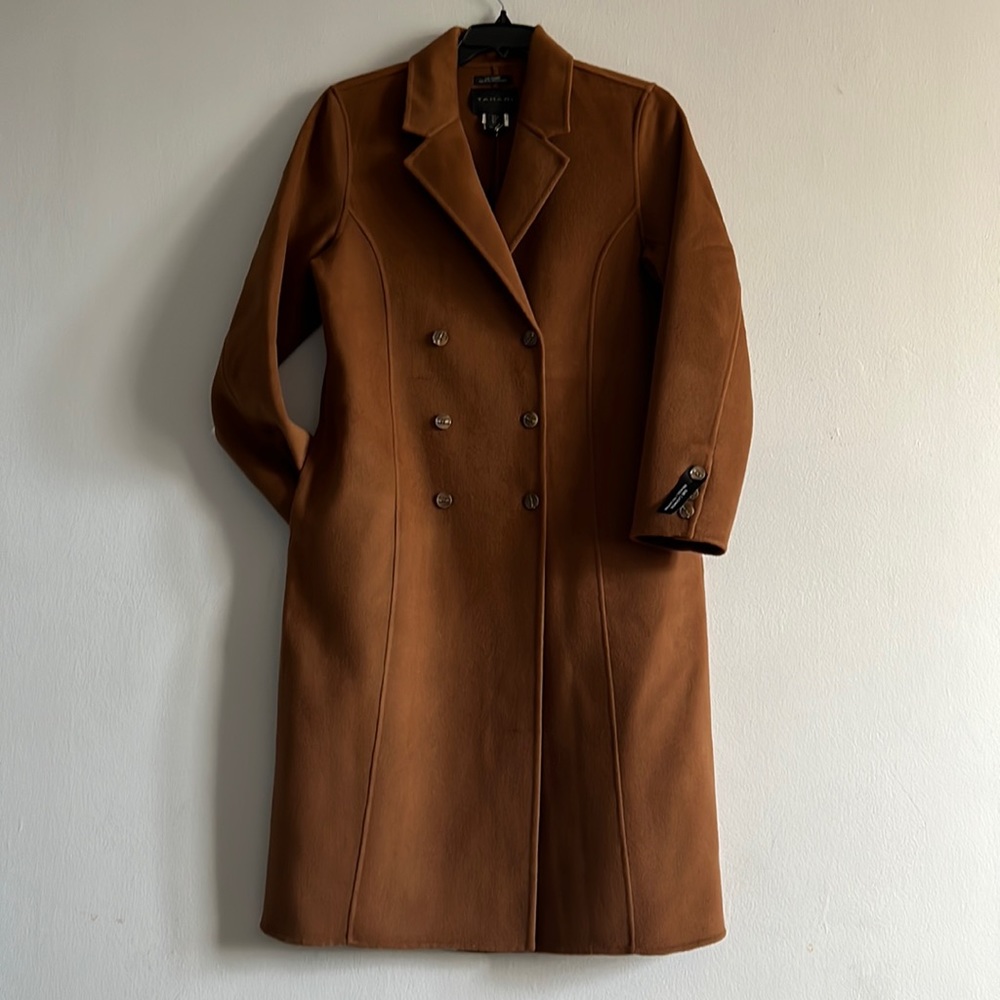 NWT Tahari by Ellie Tahari wool/Cashmere Blend Long Straight Coat in Cognac L